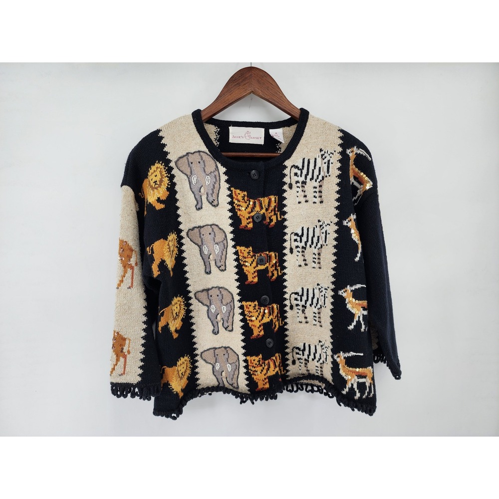Jane's Closet Vintage Safari Animal Print Beaded Cardigan Sweater Size M